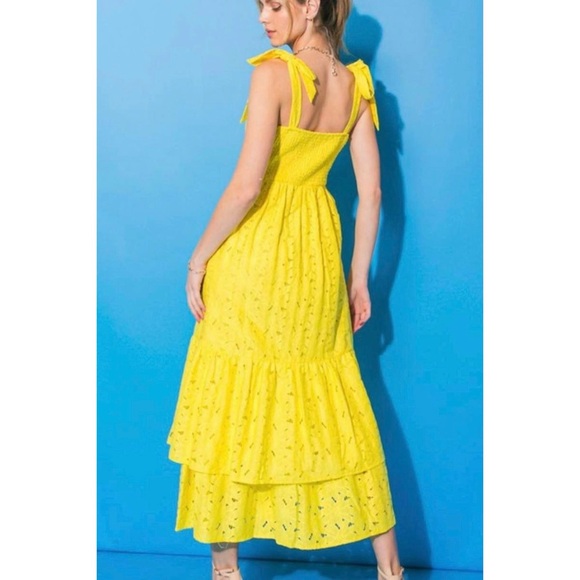 Flying Tomato Sunny Yellow Floral Eyelet Double Ruffle Maxi Dress - Picture 6 of 13